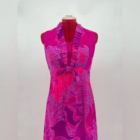 1960s Vibrant Neon Pink Hawaiian Maxi Sundress With Psychedelic Print - Picture 2 of 9